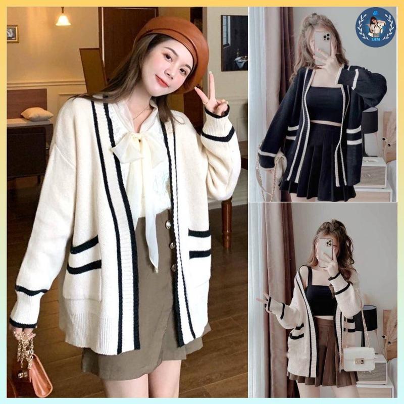 [A056] Áo khoác ngoài cardigan len nữ THU ĐÔNG có túi DÁNG DÀI form rộng phối viền 2 MÀU hàng dệt kim cực xịn xò - L2M (Top Áo tingoan Nhung Women ) 【 hoa hồng  
