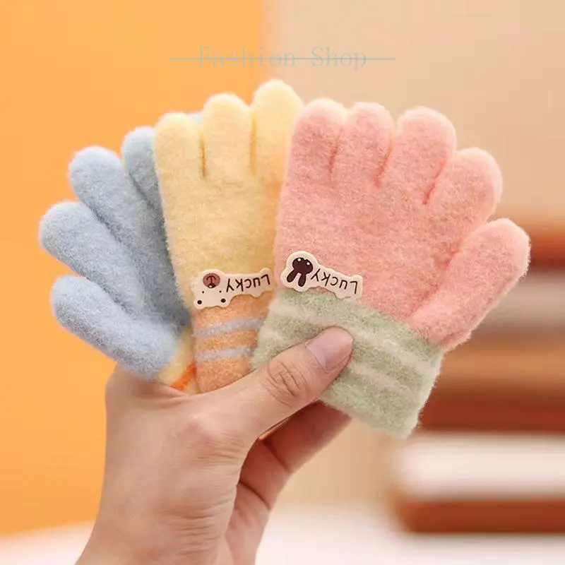 Children's Gloves New Autumn and Winter Labeling Bear Knitted Five-Finger Finger Warm-Keeping and Cold-Proof Men and Women Knitting Wool Gloves