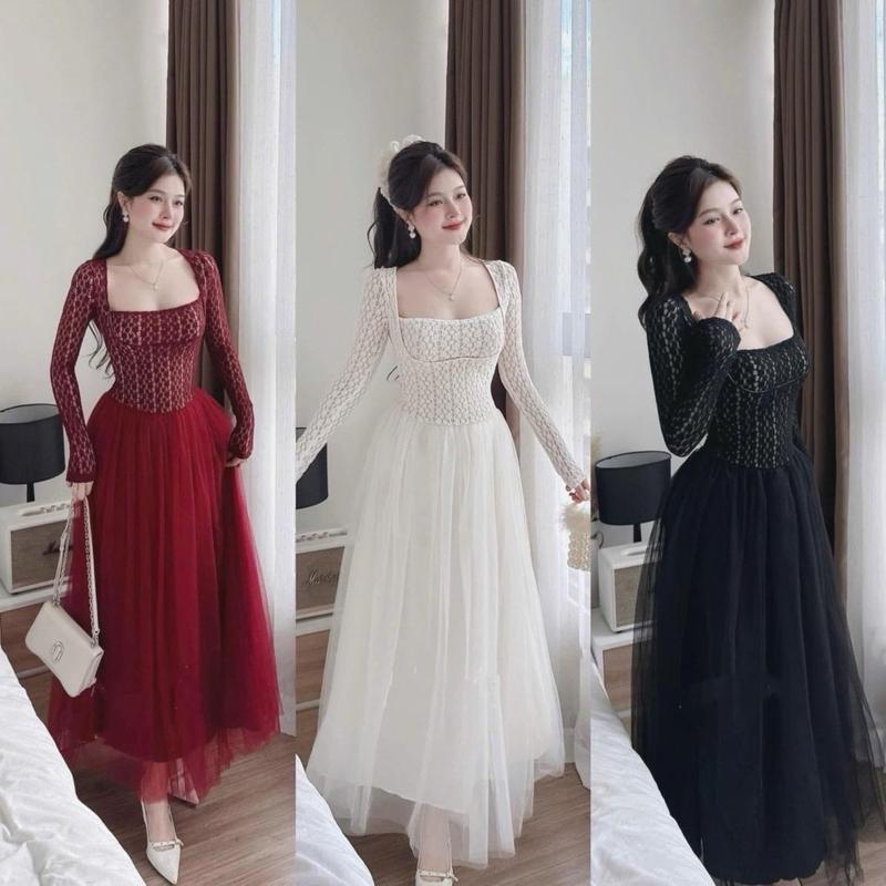 Đầm ren cổ vuông tay dài và tay ngắn phối chân váy lưới ba màu đỏ đen kem Women Dress Voi Voan