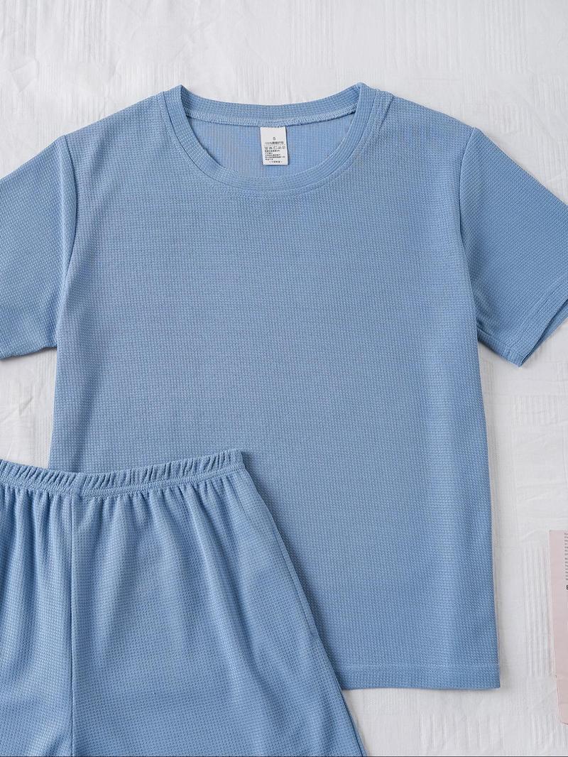 Product Introduction of Women's Solid Waffle Knit Lounge Set, Casual Comfy Short Sleeve T-shirt & Shorts Matching Pj Set, Ladies Sleepwear for Summer, Perfect Matching 3