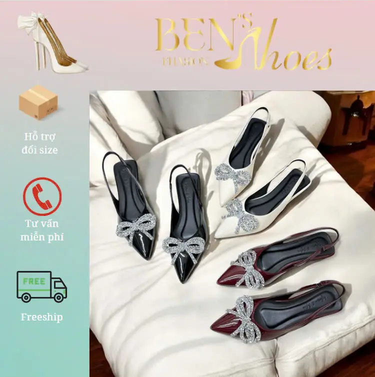 GIày bệt nữ hậu chun da bóng mềm đế 1p nơ đá (151-2 Nơ Đá) Shoes