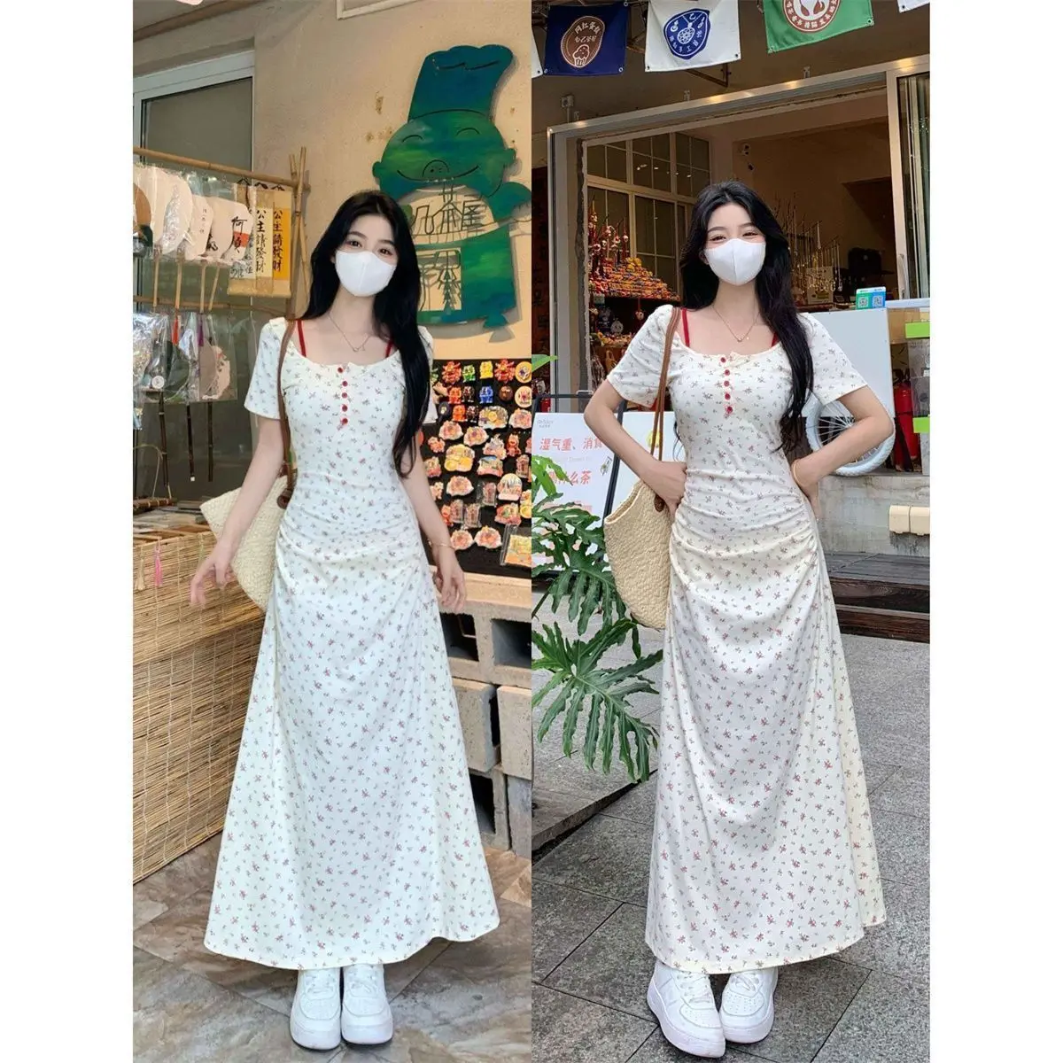 Váy Thanh Lịch, Ngoại Cỡ, Hoa Độc Đáo Kiểu Pháp, Váy Mùa Hè Của Phụ Nữ, Hàng Mới Về, Bó Sát Eo, Che Bụng, Váy Dài, 2025
