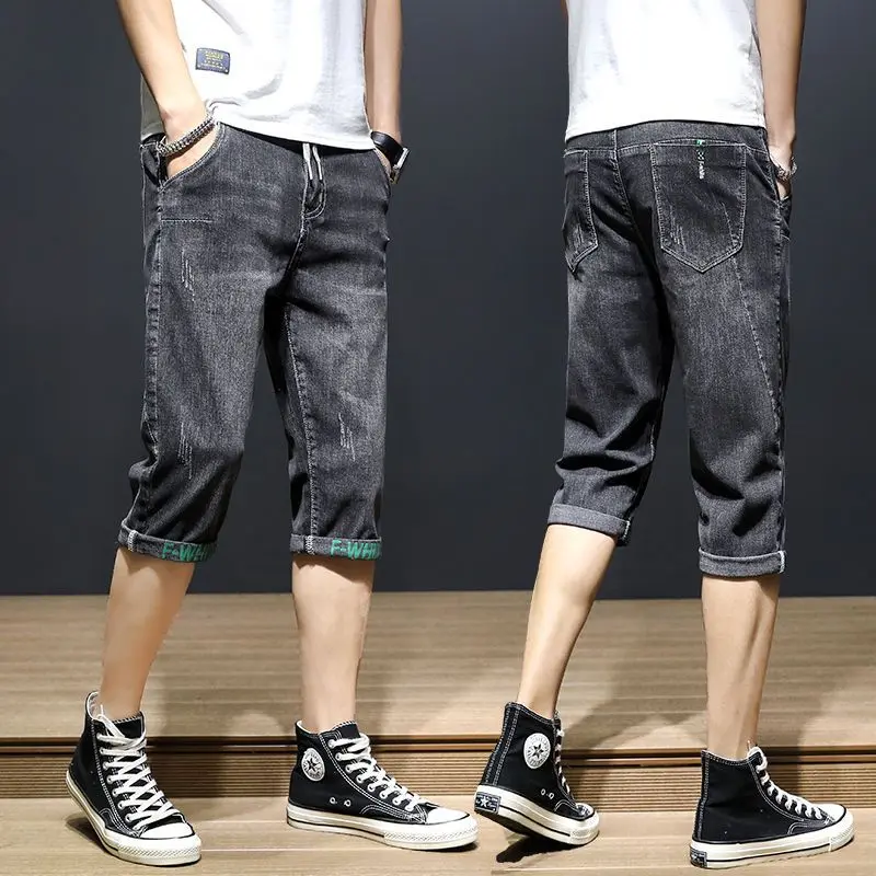 Stretch Summer Denim Shorts Men's Slim-Fit Thin Cropped Pants Korean Fashion Men's Casual Cropped Pants Summer