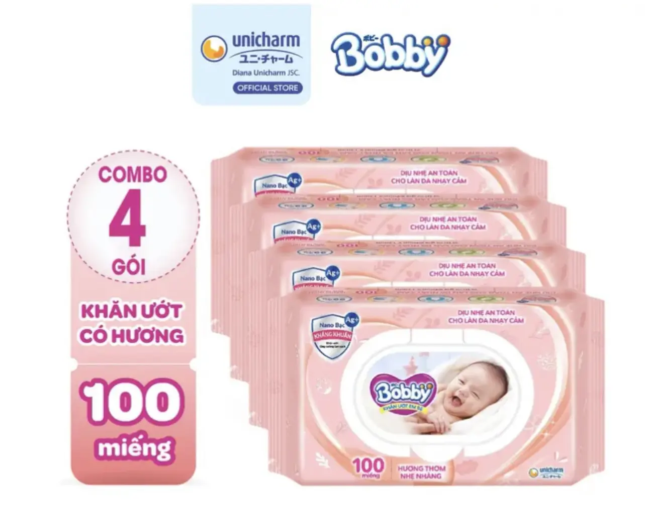 Bộ 4 gói Khăn ướt Bobby Care hương thơm nhẹ nhàng 100 tờ/gói (Hồng)