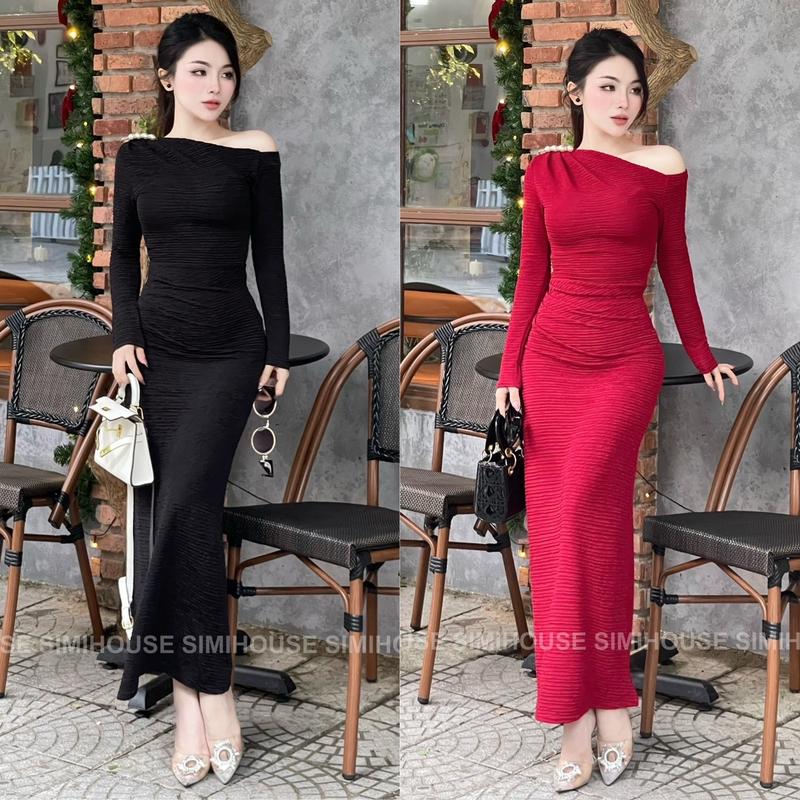 VÁY BODY XỐP NGỌC TAY DÀI / Đầm body Nữ thu đông thiết kế lệch vai đi tiệc sang trọng Women Dress