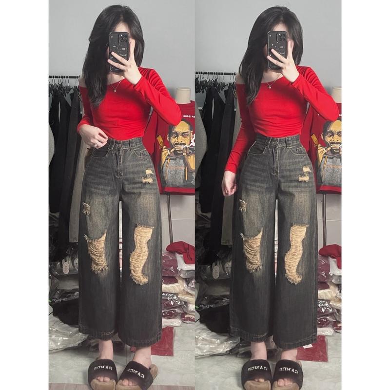 Set áo croptop lệch vai quần jean 9 tấc rách lớn  - Changpewly Shop Nữ Women Dress 0