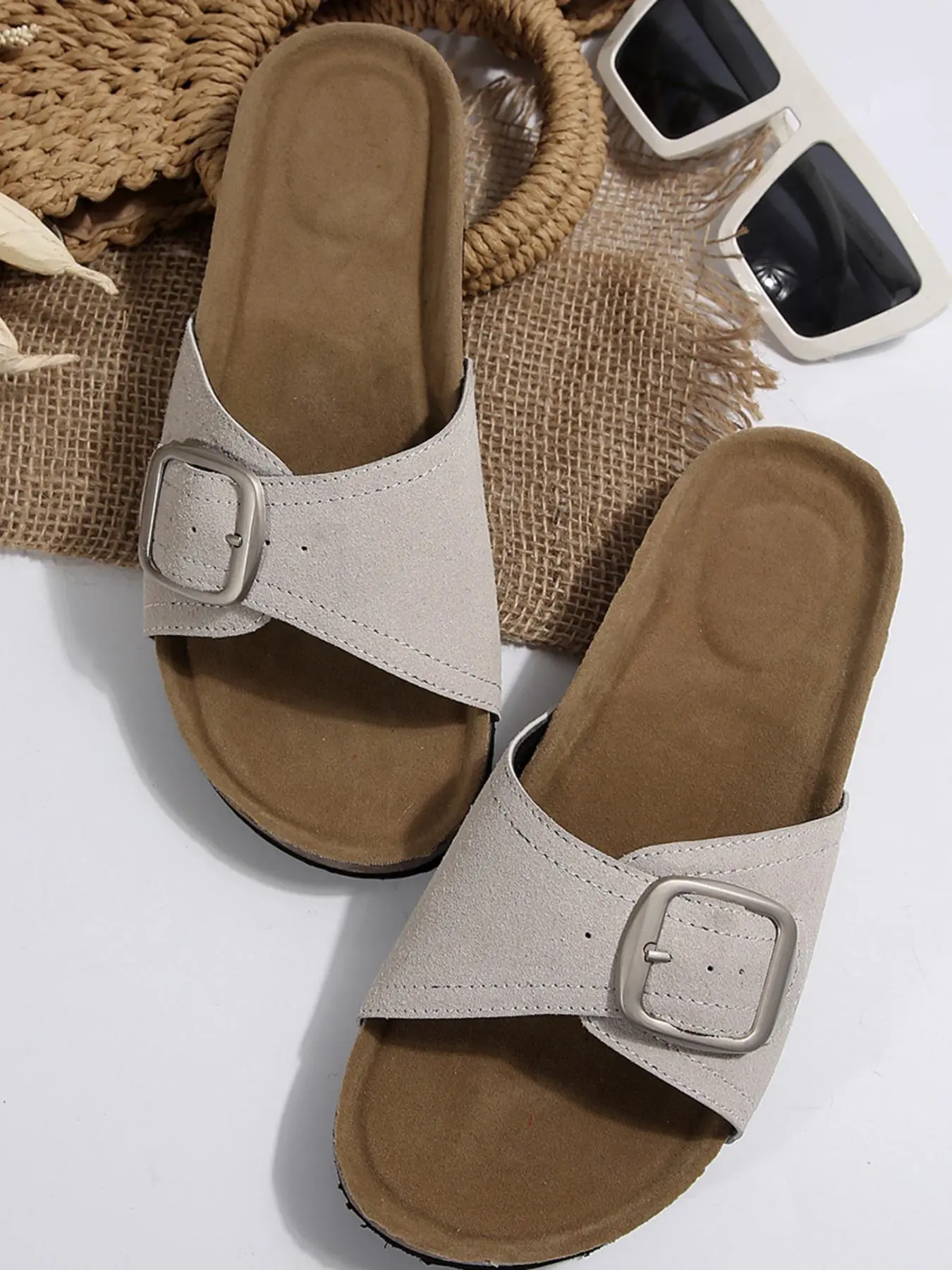Women's Minimalist Solid Color Double Buckle Design Slide Sandals, Casual Comfortable Flat Sandals for Beach, Beach Aesthetic, Fashionable Shoes for Daily Wear, Girl