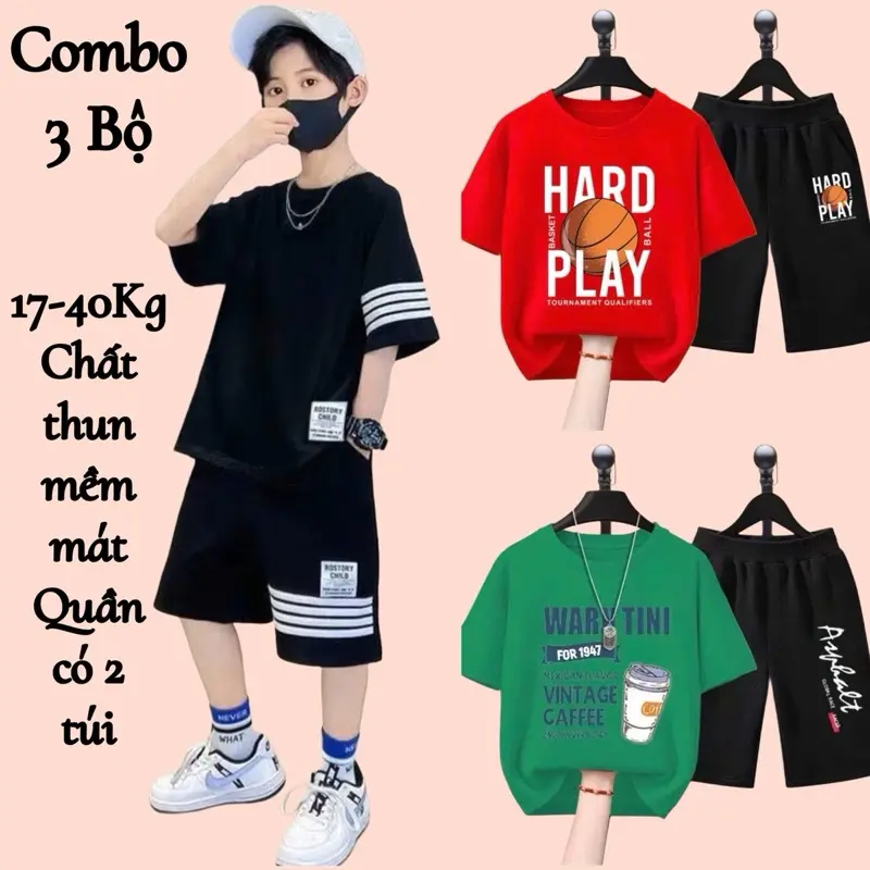 Combo 3 Bộ quần áo bé trai mùa hè size đại từ 17 đến 40kg, chất thun co giãn, mềm mát, phong cách Hàn Quốc cho bé trai từ 5 đến 14 tuổi, dáng quần đùi áo cộc tay thể thao. set đồ 0