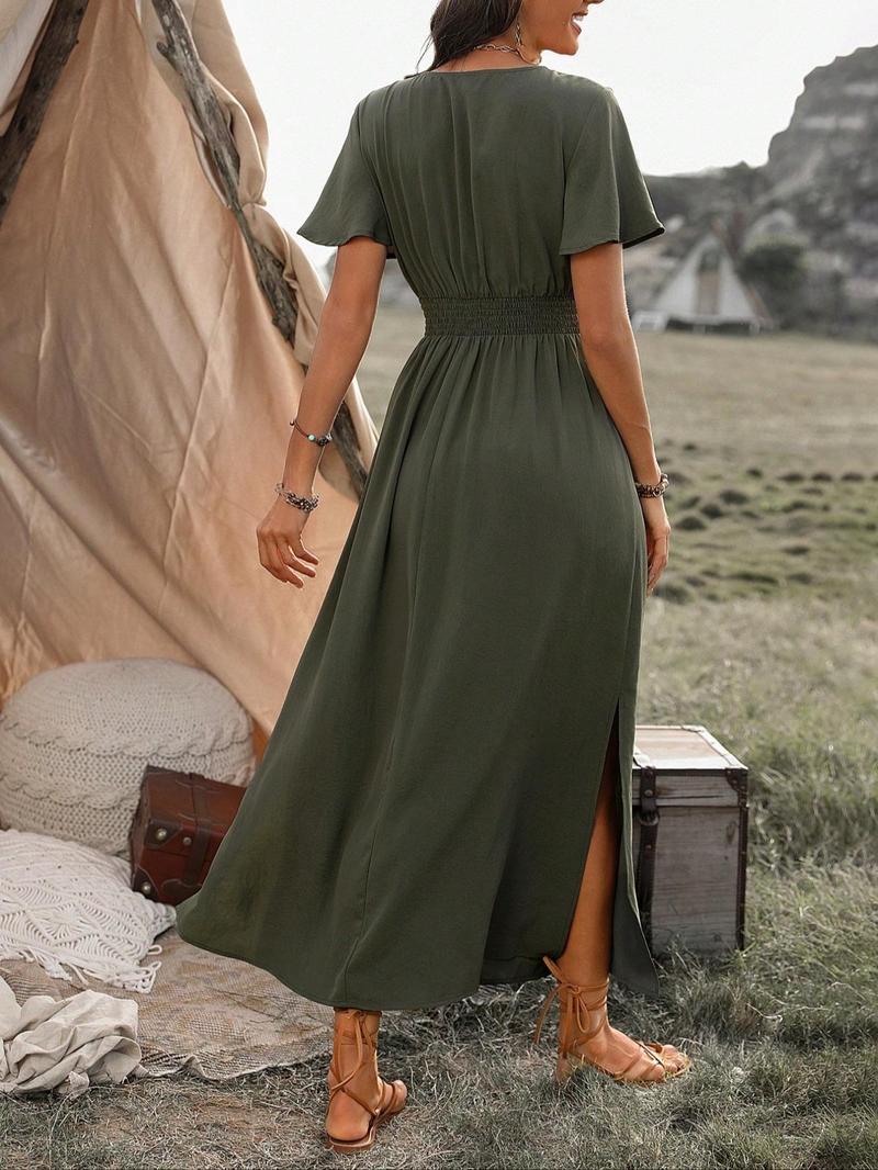 Product Introduction of Women's Plain Split Thigh A Line Dress, Green Dress Lady, Boho Shirred Butterfly Sleeve Long Dress for Beach Holiday Vacation, Ladies Clothes for All Seasons, Summer Dresses 2025 8