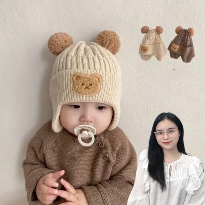 Mũ Nón Len Bịt Tai Mùa Đông Cho Bé Đính Hình Gấu Tai Bông Dễ Thương