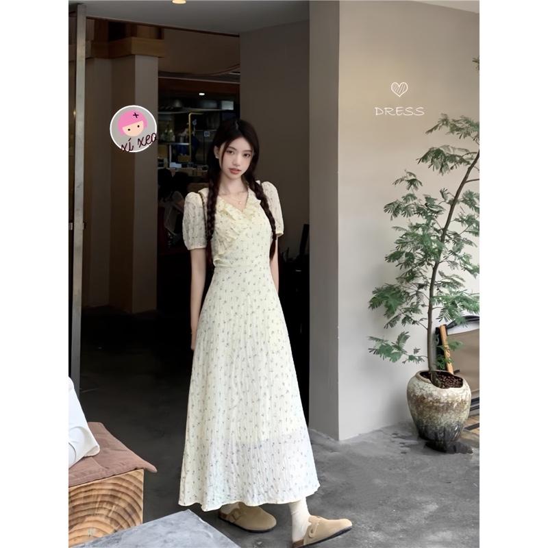 Váy hoa nhí dáng dài cổ bèo tiểu thư  xixeoshop- V358