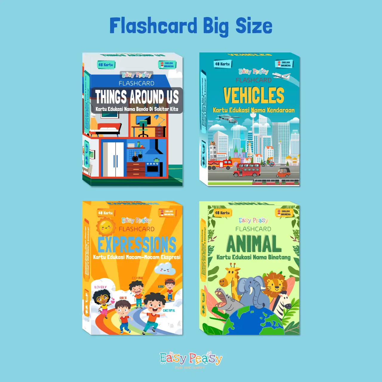 Easy Peasy - Kartu Flash Card Kendaraan Hewan Benda Ekspresi Perasaan isi 48 Kartu Bahasa Inggris & Indonesia anak mainan