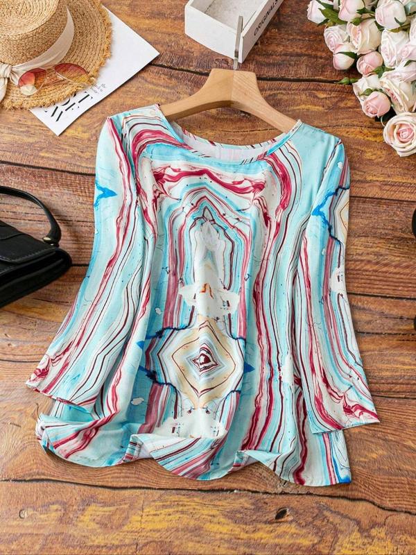 Plus Size Marble Print Blouse, Casual Long Sleeve Round Neck Top, Women's Plus Clothing for Daily Wear 0