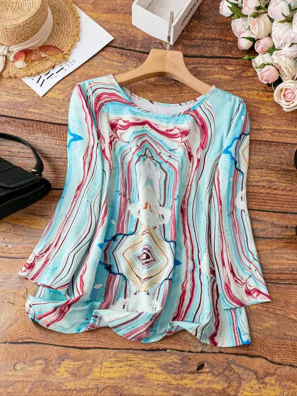 Plus Size Marble Print Blouse, Casual Long Sleeve Round Neck Top, Women's Plus Clothing for Daily Wear 0
