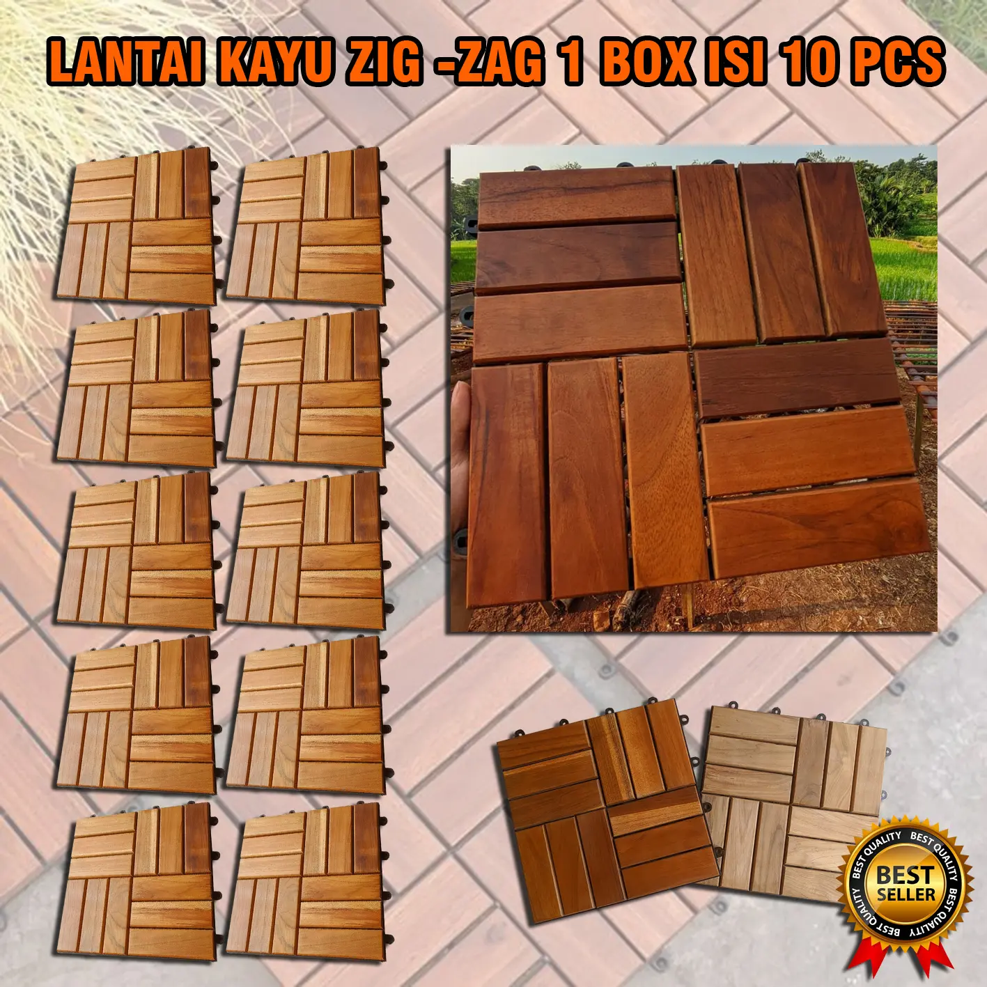 Paket 10 pcs Lantai Kayu Jati Zig-Zag Decking Tile Parket Bongkar Pasang 30 x 30 cm | Pvc