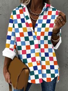 Women's Colorful Plaid Print Curved Hem Shirt, Casual Style Long Sleeve Collared Top for Spring, Ladies Clothes for Daily Wear