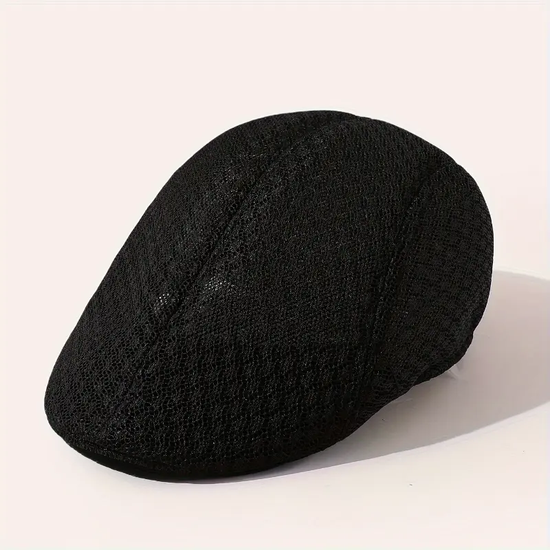 Lightweight Breathable Mesh Beret Hat - Adjustable, Solid Black, Funky Style Polyester Painter Cap for Outdoor Activities