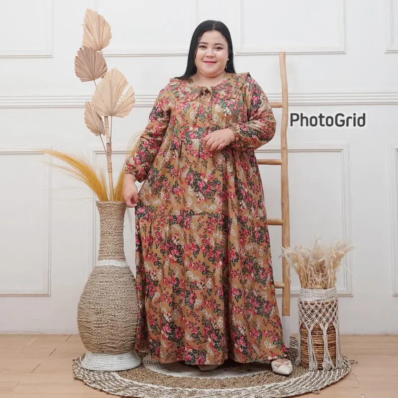 Midi dress jumbo LD 130 rayon premium-Gamis rayon jumbo LD 130 muat BB 100kg busui motif bunga model A-line Maksi dress rayon jumbo LD 130 oversize-Midi dress rayon ld 130 jumbo motif bunga 1