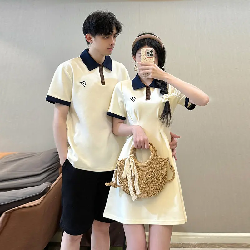 Đầm Cặp Đôi, Thời Trang, Hàng Mới Về Mùa Hè, Thêu Tình Yêu, Thiết Kế Khối Màu Cao Cấp, Cổ Polo, Kiểu Thu Gom Eo