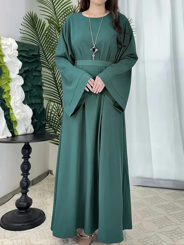 Arabic Clothing-Solid Long Sleeve Belted Tie Back Arabian Dress, Elegant Casual Long Dress for Daily Wear, Women's Islamic Clothing for All Seasons 0
