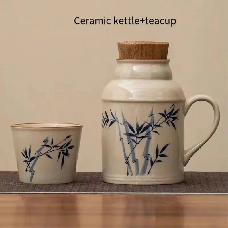 #KUP 1pc 1Set Ceramic Teapot With Tea Cup, Luxury Retro Chinese Style Teapot With Wooden Lid For Better Insulation, Large Capacity Slouchy Tea Set, Ideal Gift For Home & Kitchen 0
