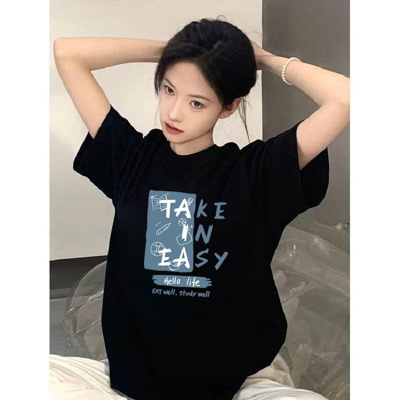 Kaos lengan pendek hitam retro Amerika yang terinspirasi selebriti untuk wanita, gaya musim panas baru, longgar, desain unik.