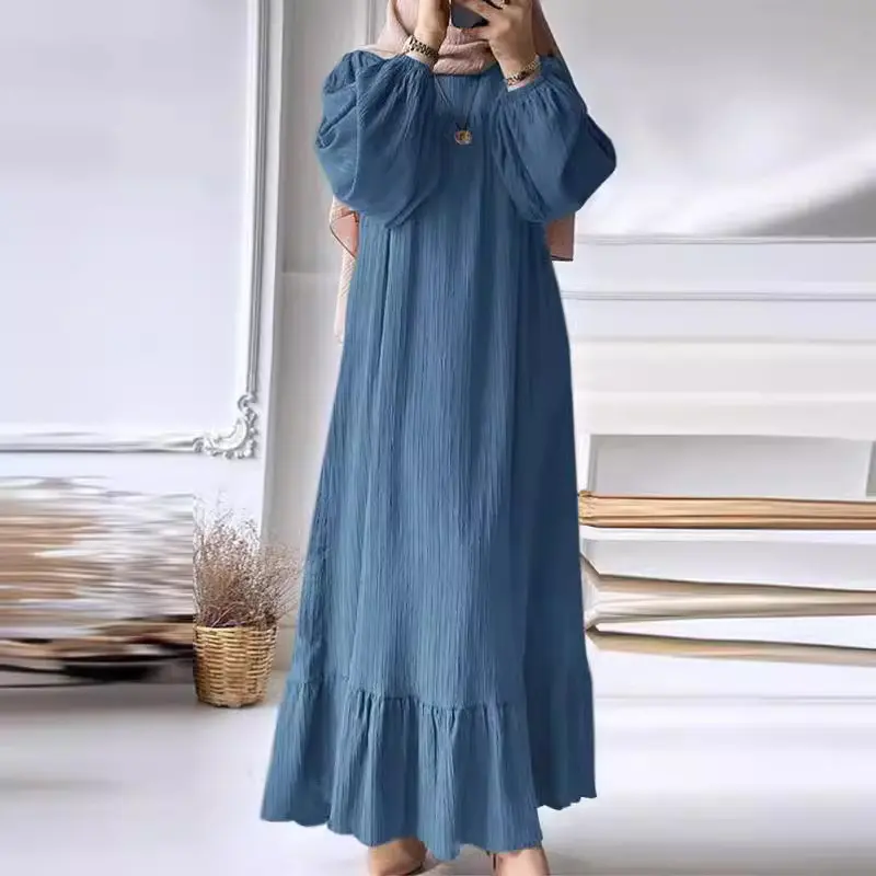 Fashionable Bubble Sleeve Pocket Hem Ruffle Edge Women's Dress Summer Elegant Muslim Women's Dress