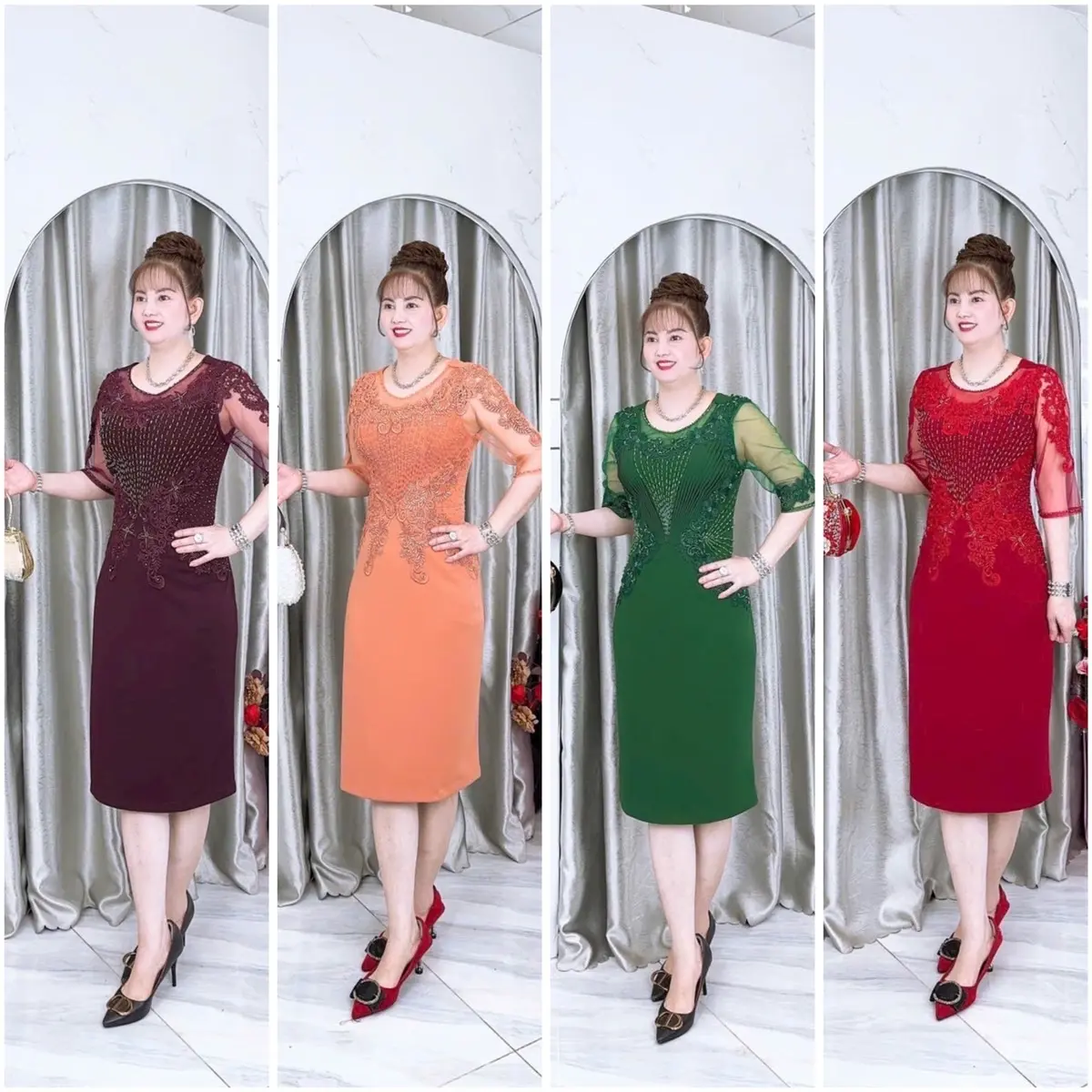 Đầm Body Trung Niên Kết Đá Cườm Hoa Ren Dự Tiệc Cho Nữ - Dress