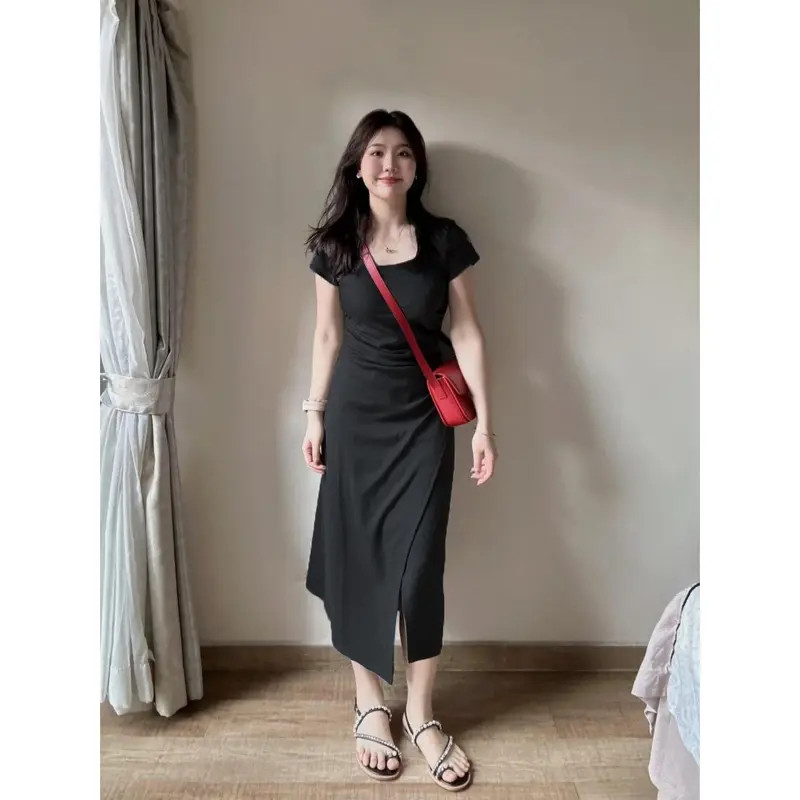 Váy ngắn Tay Màu Xám, Cổ Vuông, Thiết Kế Đẹp, Dành Cho Nữ, Váy Bodycon Xích Thắt Eo Xiacnee, Váy Dài Xẻ Tà, Thanh Lịch, Thời Trang, Năm 2025 4