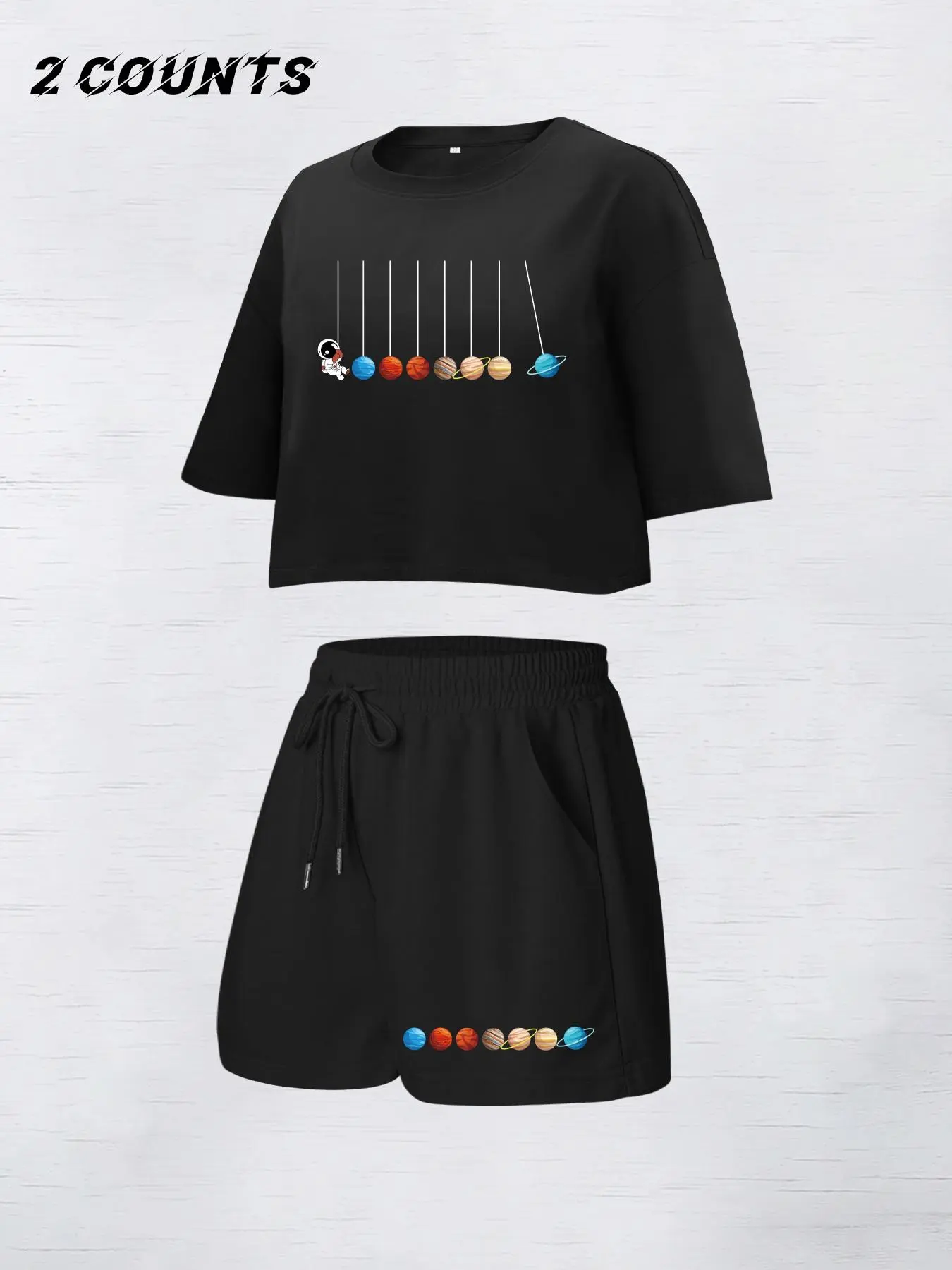 Women's Cartoon Astronaut Print Crop Tee & Wide Leg Shorts Two-piece Set, Casual Fashion Cozy Round Neck Short Sleeve T-shirt & Shorts for Daily Outdoor Wear, Ladies Summer Clothes