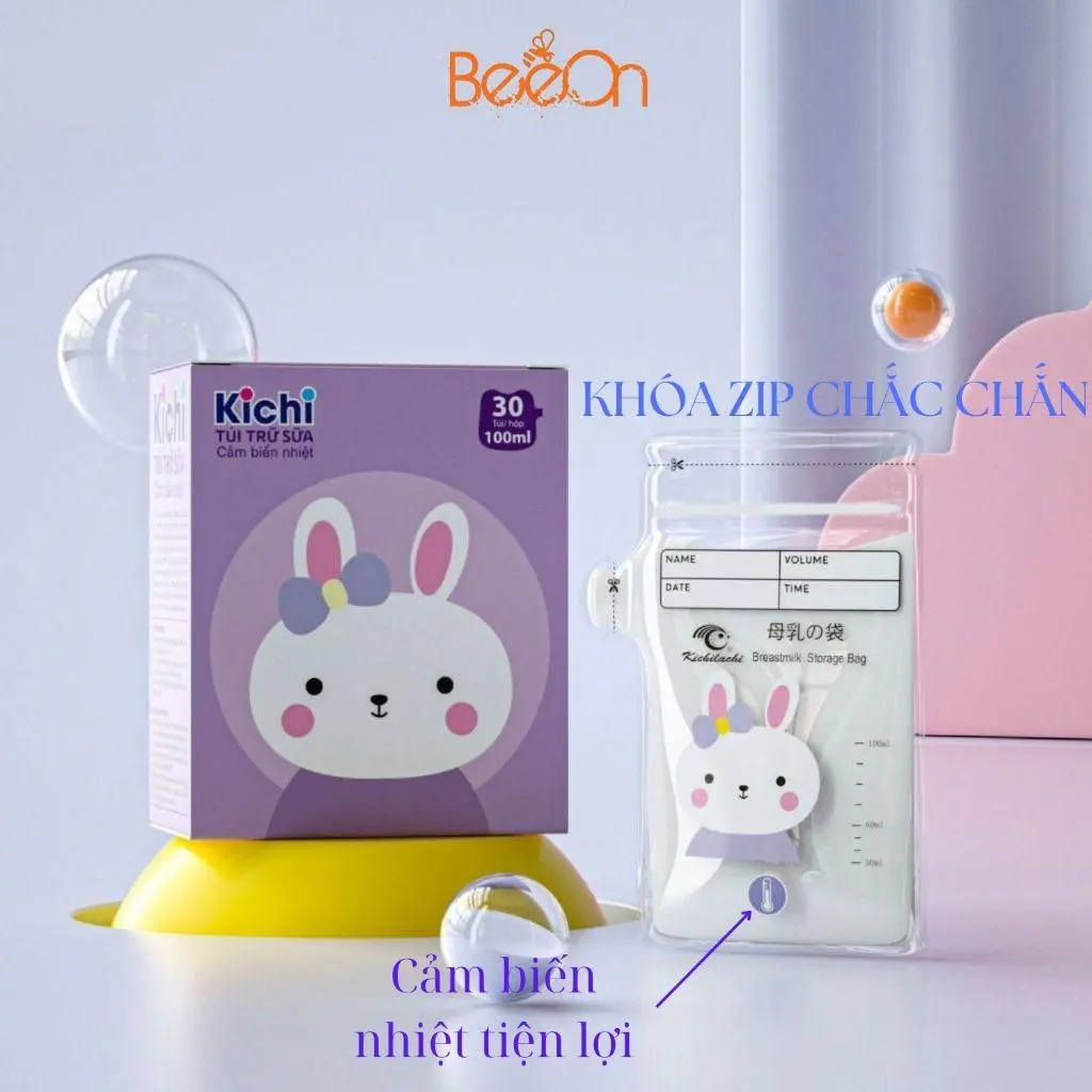 Túi trữ sữa Kichilachi 100ml cảm biến nhiệt, khóa zip chắc chắn, hộp 30 túi shop BeeOn