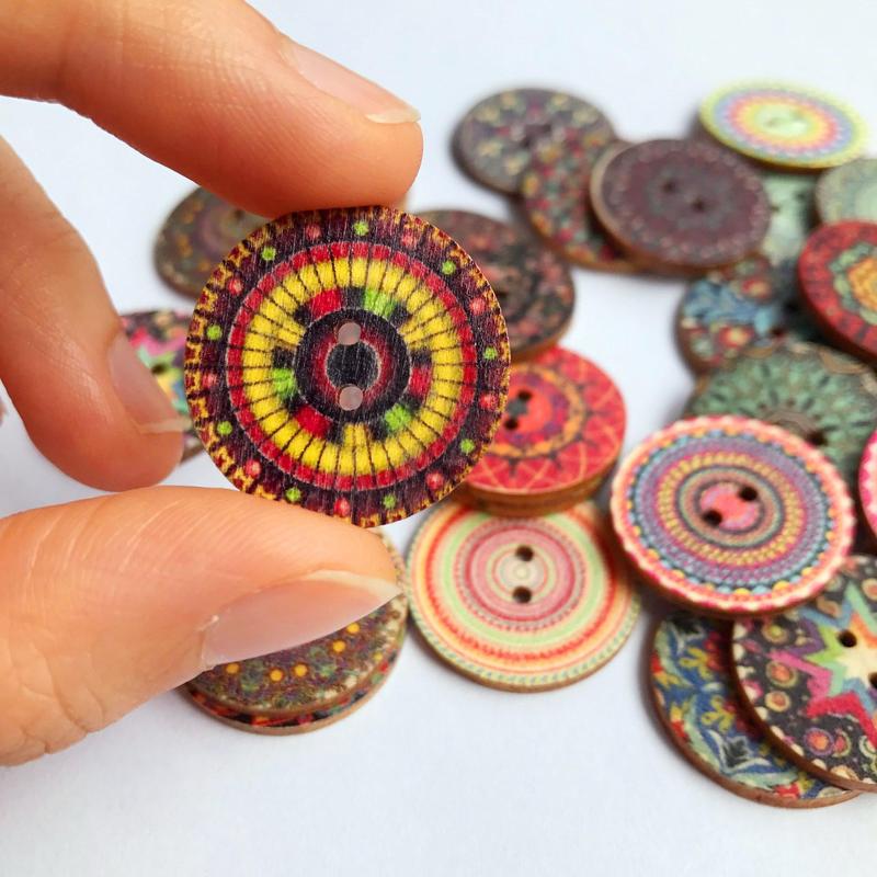 Product Introduction of Mixed Color Wooden Decorative Button, 50pcs/set Retro Floral Printing Pattern Wood Button, Sewing Accessories for Scrapbook & DIY Baby Clothing 13