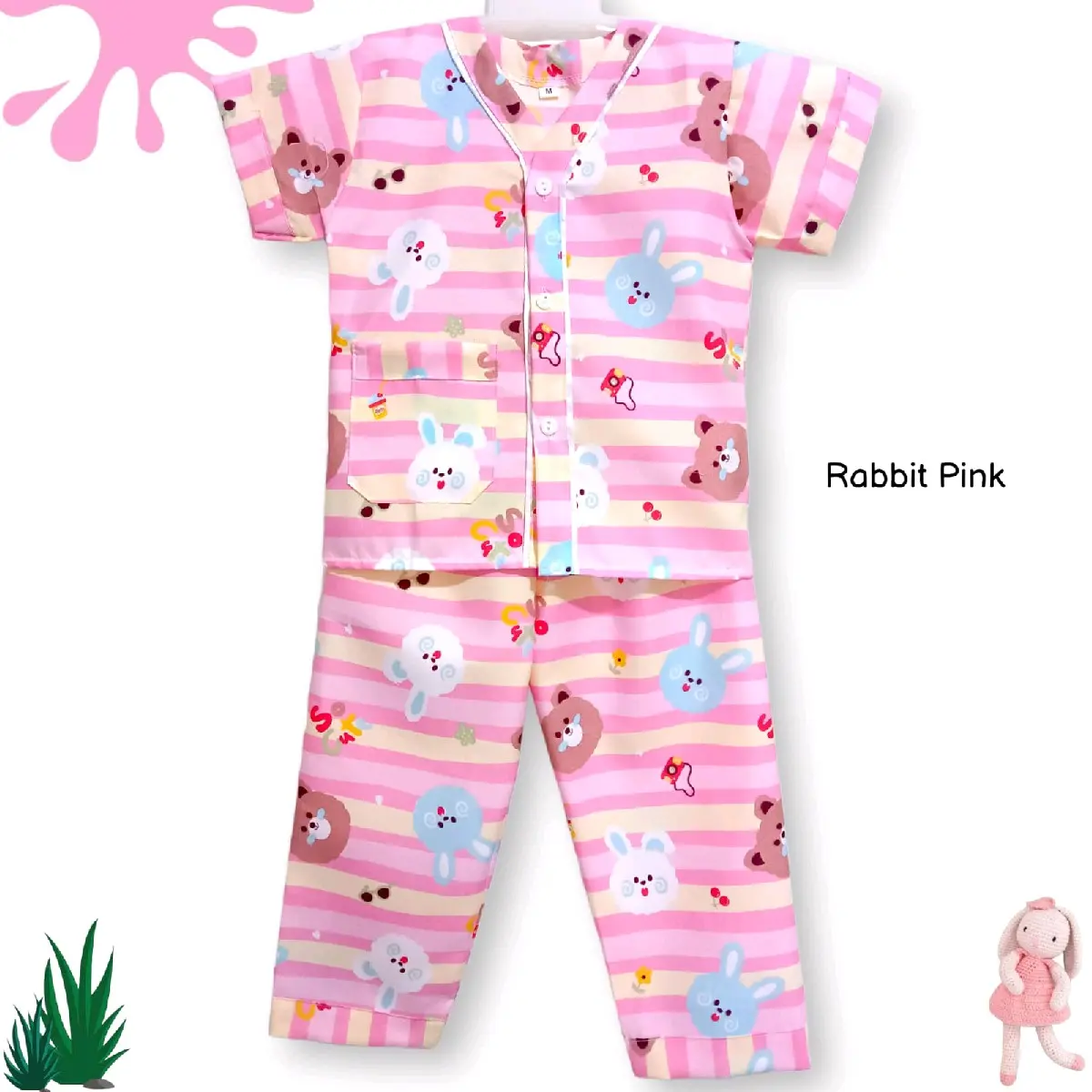 Piyama Anak Perempuan Usia 1-12 Tahun Motif Floral rabbit pink Tidur Katun