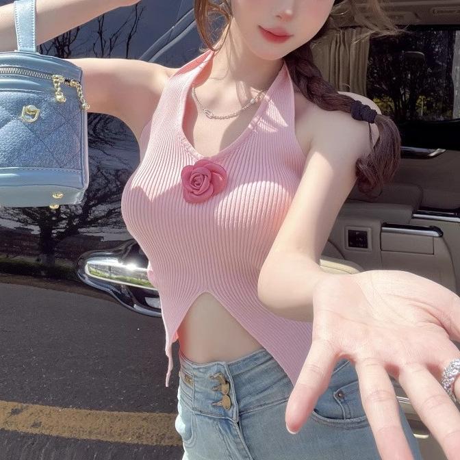 Product Introduction of Camisole Vest for Girls with Floral Decoration, U-Neck Halter, Sexy Crop Top, Sleeveless Top for Summer 2025 10