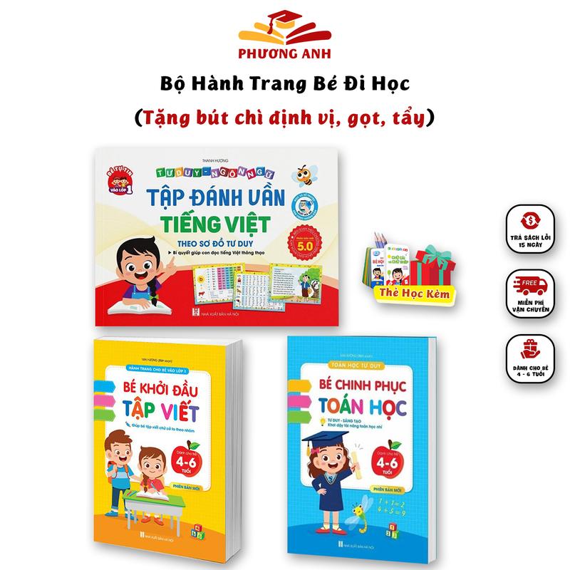 COMBO SÁCH HÀNH TRANG CHO BÉ ĐI HỌC gồm Tập Đánh Vần 5.0 + Bé Chinh Phục Toán Học + Bé Khởi Đầu Tập Viết sách bìa mềm giúp bé chuẩn bị tốt các kĩ năng cần thiết trước khi đi học