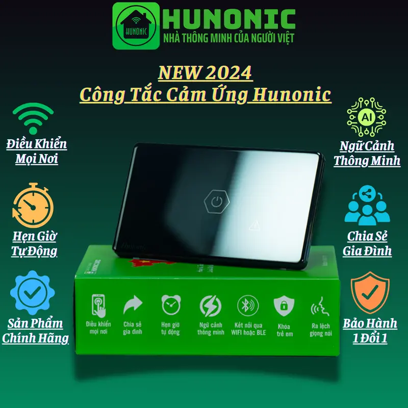 [CHỐNG GIẬT] Công tắc cảm ứng Hunonic Datic 1 Nút Công Suất Lớn kết nối Wifi điều khiển bình nóng lạnh, điều hoà 0