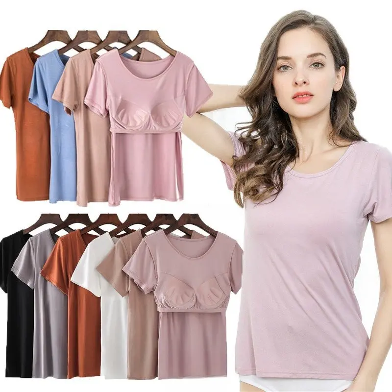 M-3XL 2 in 1  Cotton T-shirt With A Chest Pad Short Sleeve Bra - Vest Half Sleeve T-shirt Top Lingerie Women Clothing Womenswear