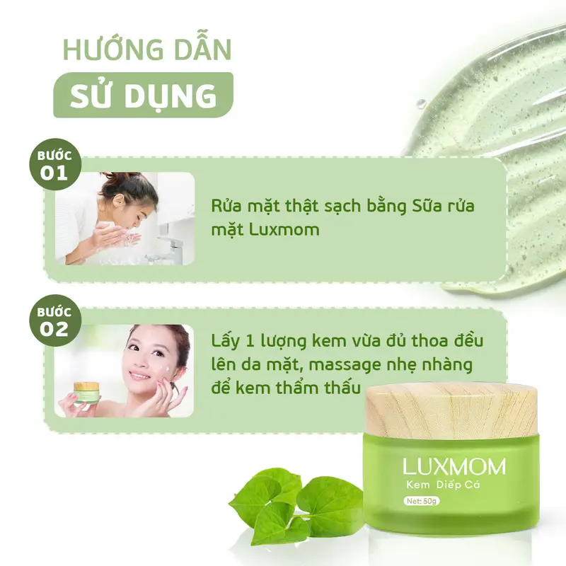 [MUA 1 ĐƯỢC 4] Combo Gồm Kem Diếp Cá Luxmom + Kem Dưỡng Rau Má + Kem Chống Nắng + Tặng Kèm Sữa Rửa Mặt 20ml - Hỗ Trợ Giảm Mụn, Giảm Nám, Dưỡng Trắng Da, Cấp Ẩm Chuyên Sâu 3