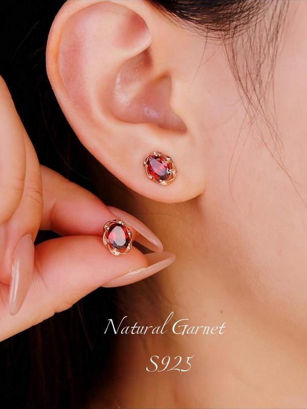 S925 Sterling Silver Natural Garnet Decorated Stud Earrings, Fashionable Earrings for Women & Girls, Trendy All-match & Exquisite Jewelry for Birthday Gift 4