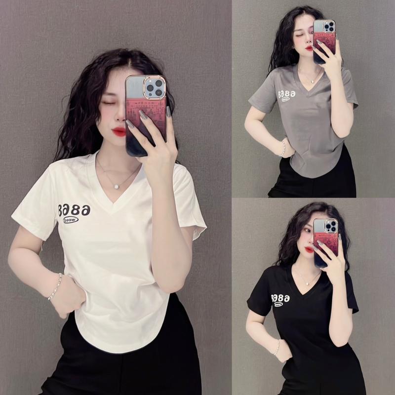 Áo thun nữ dáng ôm nhẹ cổ tim vạt bầu phối chữ ( Mã 6868 ) Women Cổ Tròn Top