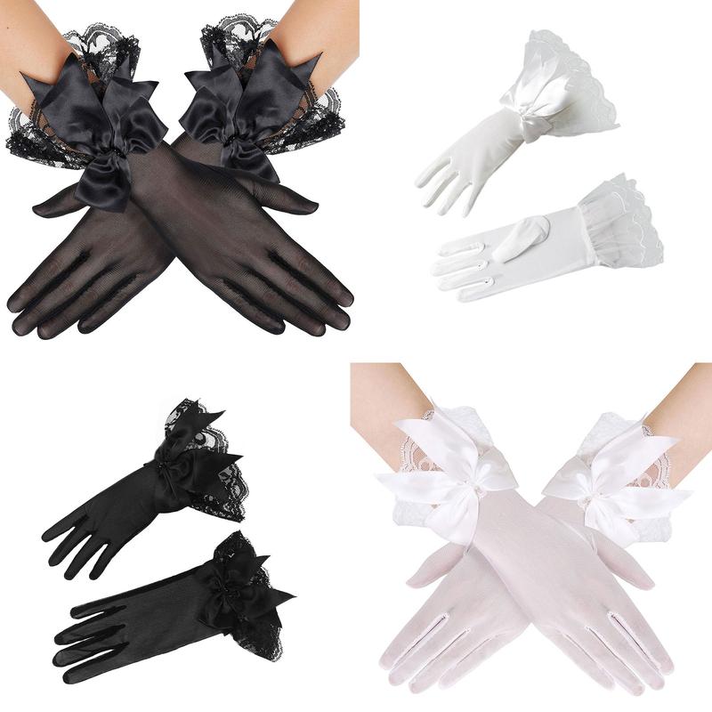 Women Bowknot Decor Fishnet Short Gloves Lace Gloves Goth Cosplay Accessory 3
