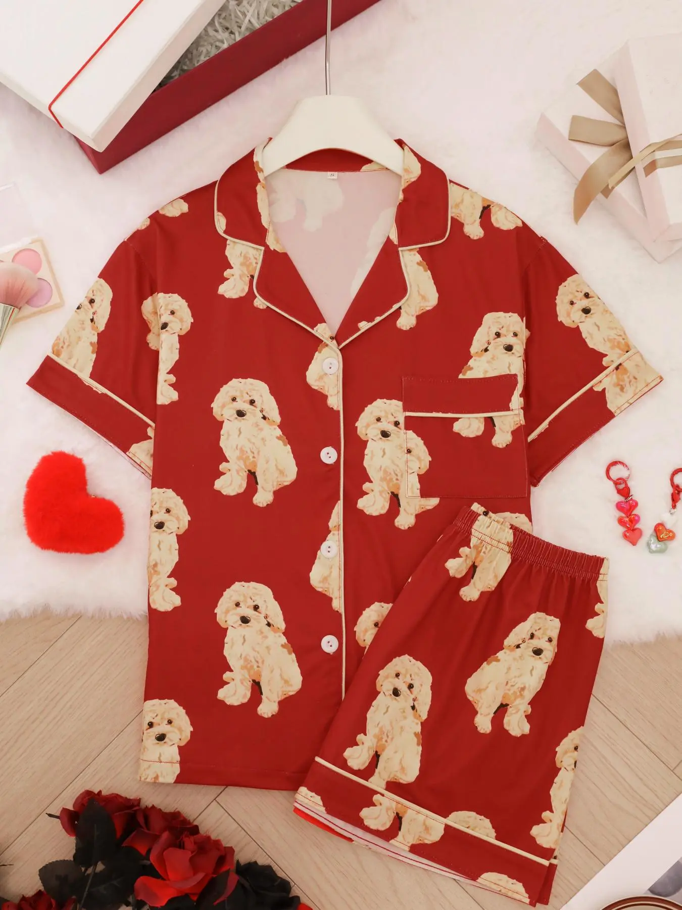 Women's All Over Dog Print Pajama Two-Piece Set, Casual Comfy Short Sleeve Lapel Neck Top & Shorts PJ Set, Ladies Summer Sleepwear