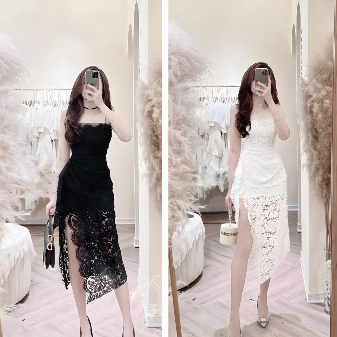 Váy dự tiệc hai dây ren xẻ tà 2 màu SL - Lari shop