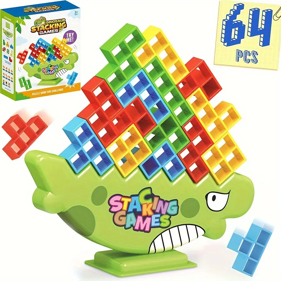 64 Pieces Dinosaur Four-Corner Tower Balance Stacking Game Suitable for More than 2 Players Stacking Attack Building Tower Game Children Teenagers and Adults Board Game Family Party Team Game Toy Christmas Holiday Birthday School Gift
