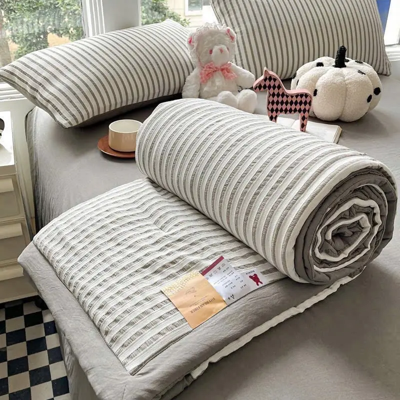 Bộ chăn ga gối cotton đũi nhăn với hoạ tiết sọc caro chăn Trần bông thông minh giặt máy thoải mái