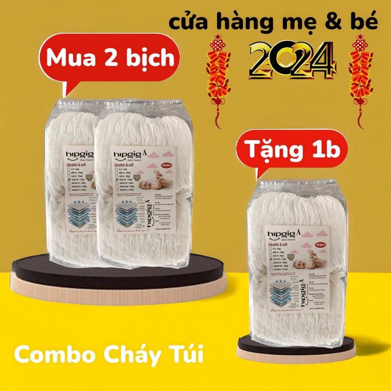   Combo CHÁY TÚI Mua 2 tặng 1  Miễn ship .150m Tã HIP BABY mỏng 3D. thấm hút Voi 600ml nước Balo bỉm đêm 