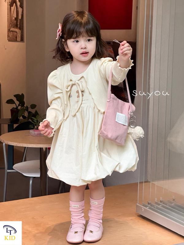 Set váy bé gái, đầm thu đông cho bé cotton tăm Len kèm áo khoác xinh đẹp, kèm váy bồng bí ngô hai lớp 8-30kg