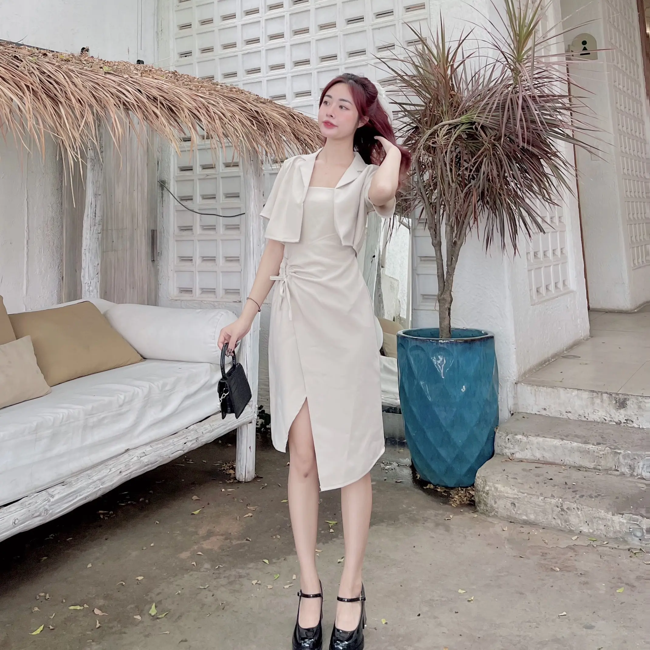 (S201)SET ÁO CỔ VEST X ĐẦM 2 DÂY ĐẮP XẺ Nữ Dress Women Cotton