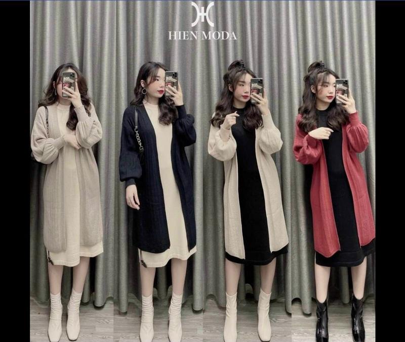 Áo khoác len cardigan dáng dài tay phồng len gân mịn cho nữ