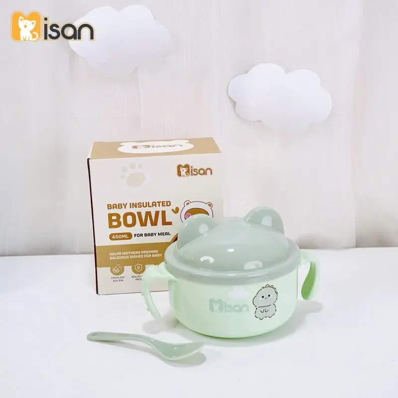(Kèm Thìa) Bát Ăn Inox Cách Nhiệt Có Tay Cầm Kèm Muỗng Và Nắp Cho Bé ăn dặm Kem 4